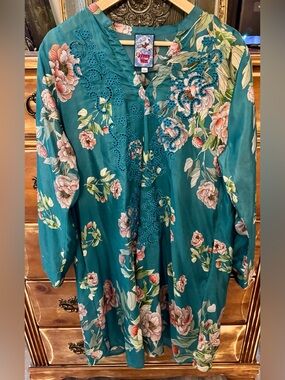 Johnny Was Silk Eyelet Embroidered Floral Tunic Dress - Teal- Large